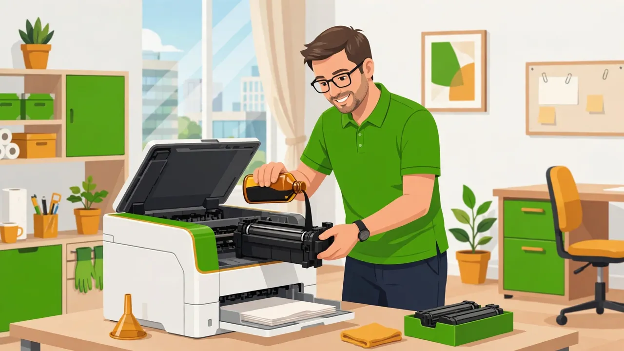 Kỹ thuật viên đổ mực vào hộp mực máy in tại văn phòng